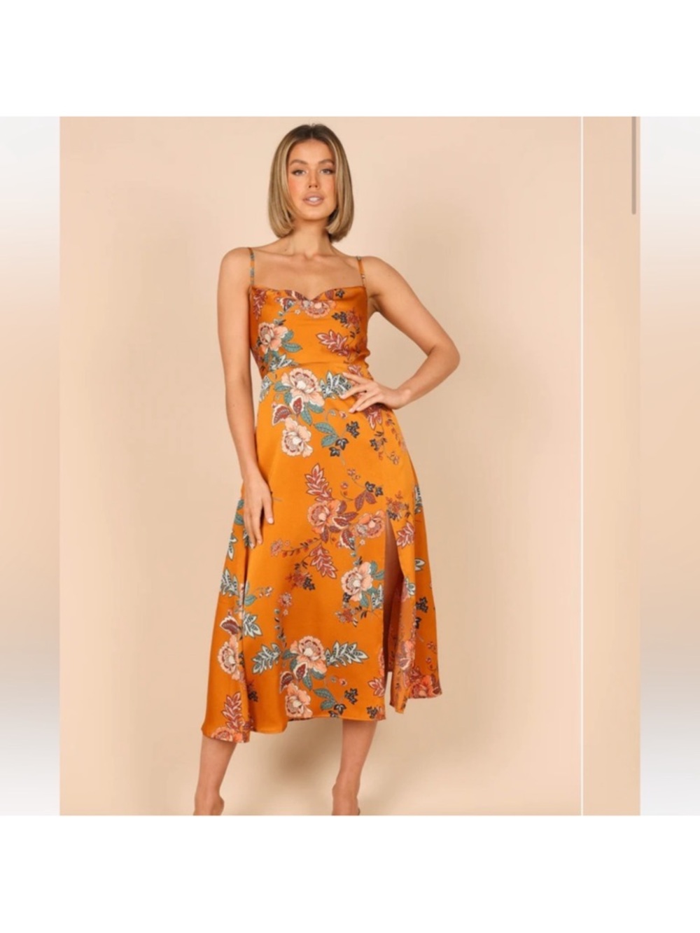 NWOT Petal & Pup Alejandra Cowl Neck Midi Dress floral tan/orange color. SZ 2